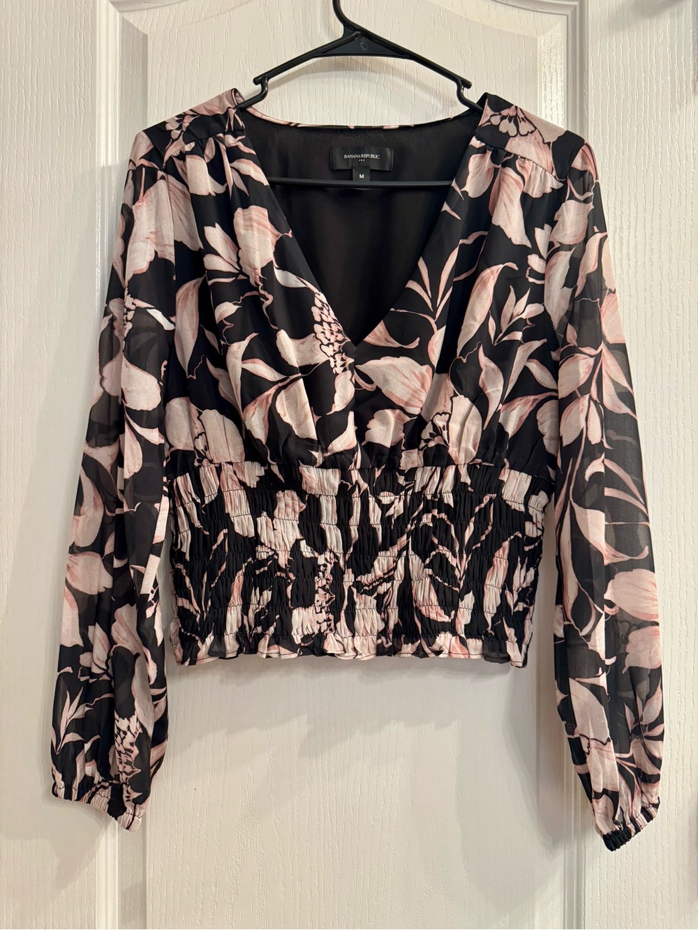 Banana Republic Black Blush Floral Smocked-Waist Blouse
